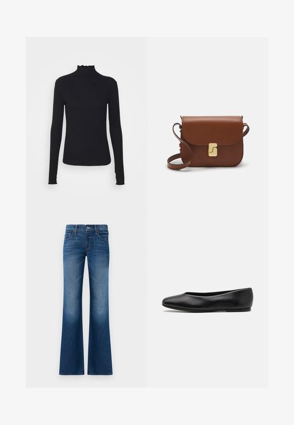 Top preto de manga longa com gola alta, feito de um tecido suave, apresentando uma gola fruncida e uma silhueta ajustada com bordas simples.; Jeans boca de sino em denim azul escuro, com uma textura suave, design de cinco bolsos, fecho frontal com botão e desbotamento subtil perto da bainha.; Paul Smith TOPANGA - Sabrinas - black; Bolsa de couro castanho com fecho de aba, decoração em tom dourado, alça de ombro e textura suave. Formato retangular compacto.