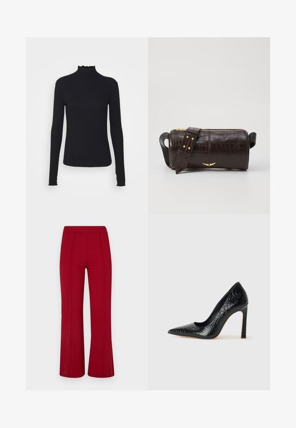 Musta pitkähihainen poolotoppi, joka on valmistettu sileästä kankaasta, jossa on röyhelökaulus ja tiukka siluetti yksinkertaisilla reunoilla.; Punaiset, levenevät housut joustavasta kankaasta, joissa on sileä pinta ja näkyvät sauma-yksityiskohdat edessä. Ei taskuja.; Musta kapea nilkkakorkokenkä krokotiilin nahkakuviolla, joka on varustettu tyylikkäällä muotoilulla, korkealla stiletto-korkealla ja sileällä mustalla sisäosalla.; Ruskea krokotiilinkuosilla varustettu nahkalaukku, jossa on sylinterimäinen muoto, kultasävyiset yksityiskohdat ja irrotettava hihna, jossa on niittejä.