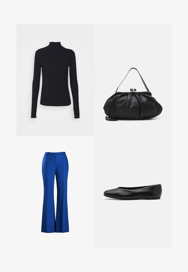 Černý dlouhý rukáv rolák vyrobený z hladkého materiálu, s volánkovým límcem a přiléhavým střihem s jednoduchými okraji.; Zúžené modré kalhoty vyrobené z texturované látky, s přiléhavým pasem a předním skládem, vhodné na formální či neformální nošení.; Paul Smith TOPANGA - Klasické baleríny - black; Černá kožená kabelka s zaobleným, skládáním designem. Obsahuje kovový zavírač se dvěma dekorativními koulemi a tenkým, odnímatelným popruhem.