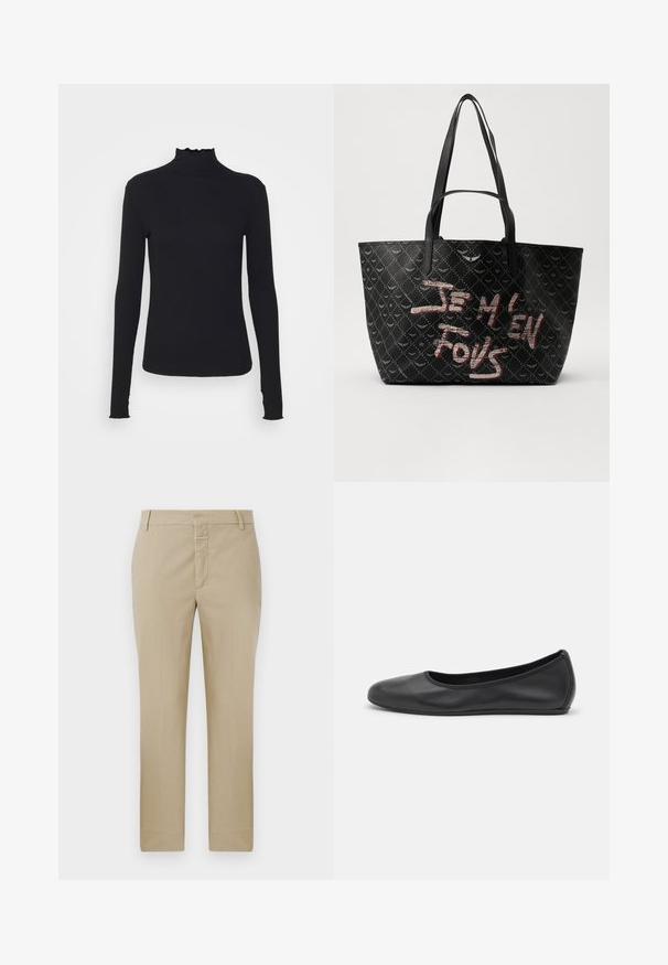 Zwarte langärmelige turtleneck top van soepel stof, met een gerimpelde hals en een aansluitende silhouet met eenvoudige randen.; Beige broeken met een rechte snit, gemaakt van een gladde stof. Kenmerken zijn een ritssluiting en riemlussen; minimale naden en geen zichtbare patronen.; Zwarte leren ballerina met een ronde neus, gladde textuur, minimale stikdetails en een flexibele zoolontwerp.; Zwarte tote bag van gestructureerd materiaal met een diamanten patroon, schouderbanden en vetrode en witte tekst met de tekst "JE M'EN FOUS."