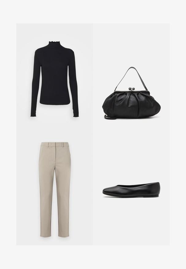 Zwarte langärmelige turtleneck top van soepel stof, met een gerimpelde hals en een aansluitende silhouet met eenvoudige randen.; MM EFFETTO - Broek - sand; Paul Smith TOPANGA - Ballerina's - black; Zwarte leren handtas met een afgerond, geplooid ontwerp. Voorzien van een metalen sluiting met twee decoratieve bollen en een smalle, afneembare schouderband.