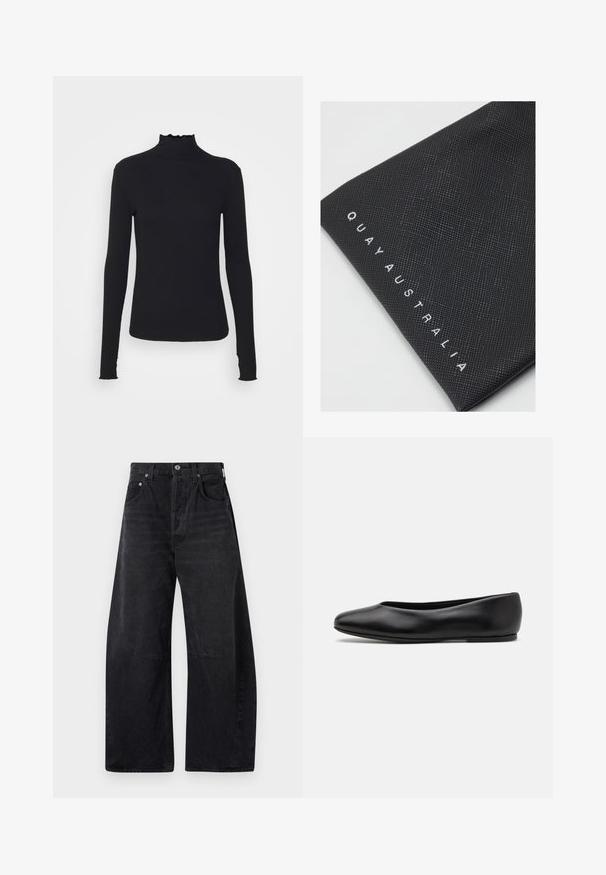 Czarny, długi rękaw, golf z gładkiego materiału, z falbaniastym kołnierzem i dopasowanym krojem z prostymi brzegami.; Citizens of Humanity - Jeansy Relaxed Fit; Paul Smith TOPANGA czarny; Czarna saszetka teksturowa z wypukłym wzorem, z wytłoczonym napisem "QUAY AUSTRALIA" w białym kolorze wzdłuż jednego brzegu.; Brązowa skórzana torebka o wyraźnym kształcie, ze srebrnym okuciem i podwójnymi uchwytami. Posiada akcent z logo na przodzie oraz odpinany pasek.