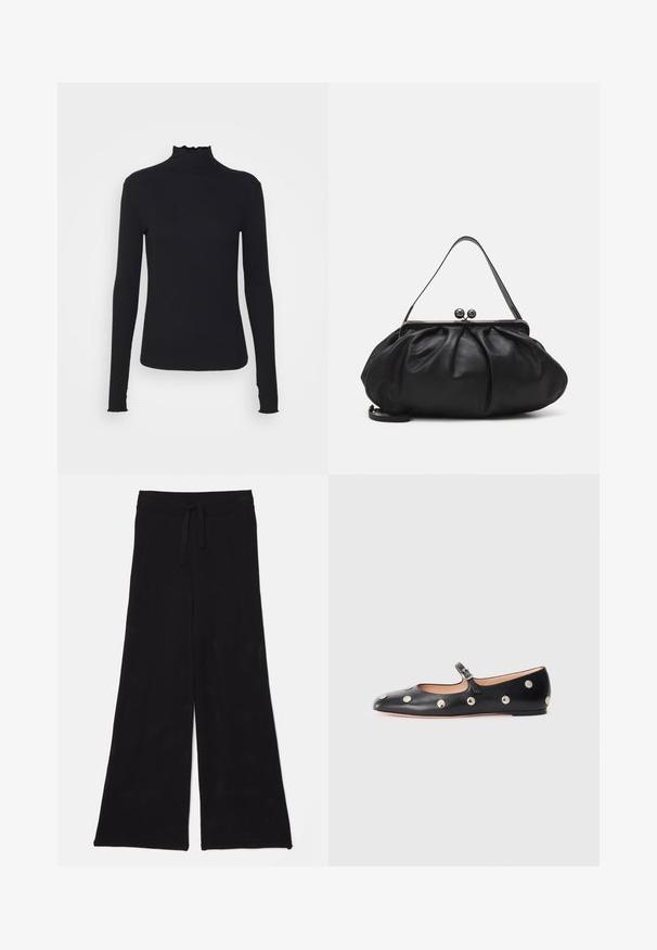Melnas garām piedurknēm turtleneck blūze, izgatavota no gludas auduma, ar krokotu apkakli un pieguļošu siluetu, kas ir ar vienkāršām malām.; Melni, plaši, garie bikses izgatavotas no sietveida auduma ar auklu jostas vietā. Šī tekstūra ir elpojoša un viegla, piemērota ikdienas valkāšanai.; Melna ādas Mary Jane līdzena zābaku ar noapaļotu purngalu, kurā ir sudraba apaļie kniedes un regulējama siksniņa ar sprādzi.; Melna ādas rokassoma ar noapaļotu, krokotu dizainu. Iezīmes metāla aizdare ar diviem dekoratīviem lodīšiem un plānu, noņemamu siksnu.