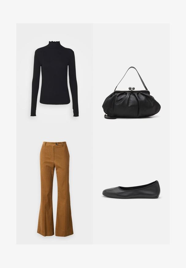 Sort langærmet turtleneck top lavet af glat stof, med en rynket krave og tætsiddende silhuet med enkle kanter.; Brune flagrende bukser lavet af tekstureret stof, med knaplukning og et rent taljebånd design.; Sort læderballetsko med rund tå, glat tekstur, minimal syning og et fleksibelt såldesign.; Sort læderpung med et rundt, plisseret design. Har en metalspænde med to dekorative kugler og et slankt, aftageligt rem.
