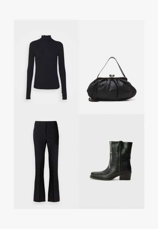 Haut à manches longues noir en col roulé, fabriqué en tissu lisse, présentant un col volanté et une silhouette ajustée avec des bords simples.; Pantalons évasés noirs en tissu lisse, dotés d'une taille cintrée et d'un pli avant, conçus pour une silhouette ajustée.; Bottine en cuir noir avec un bout rond, un talon carré, une fermeture éclair sur le côté et des coutures décoratives sur l'empeigne. Texture lisse, design classique.; Sac à main en cuir noir avec un design arrondi et plissé. Il possède un fermoir métallique avec deux boules décoratives et une bandoulière fine et amovible.