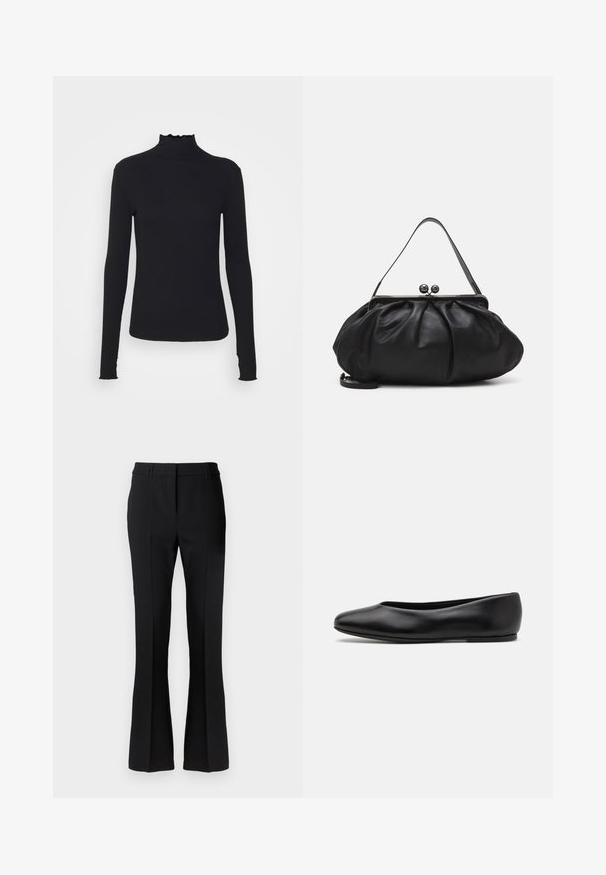 Black long-sleeve turtleneck top made of smooth fabric, featuring a ruffled neck and fitted silhouette with simple edges.; Black flared trousers made of a smooth fabric, featuring a tailored waistband and front crease, designed for a fitted silhouette.; Paul Smith TOPANGA - Ballet pumps - black; Black leather handbag with a rounded, pleated design. Features a metallic clasp with two decorative balls and a slim, detachable strap.