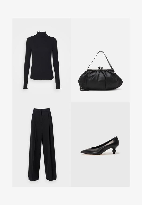 Black long-sleeve turtleneck top made of smooth fabric, featuring a ruffled neck and fitted silhouette with simple edges.; Weekend Max Mara BAIOCCO - Trousers - black; Black leather high heel shoe with a pointed toe and a round, balled heel. Smooth texture with a sleek, minimal design.; Black leather handbag with a rounded, pleated design. Features a metallic clasp with two decorative balls and a slim, detachable strap.