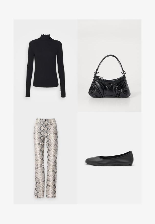 Black long-sleeve turtleneck top made of smooth fabric, featuring a ruffled neck and fitted silhouette with simple edges.; Snake-print trousers in a beige and gray color scheme. Straight-leg design with a textured finish and front pockets. Features a button closure.; Black leather ballet flat with a rounded toe, smooth texture, minimal stitching detail, and a flexible sole design.; Black handbag made of textured leather with a rounded shape. Features a thin shoulder strap and decorative embossed patterns.