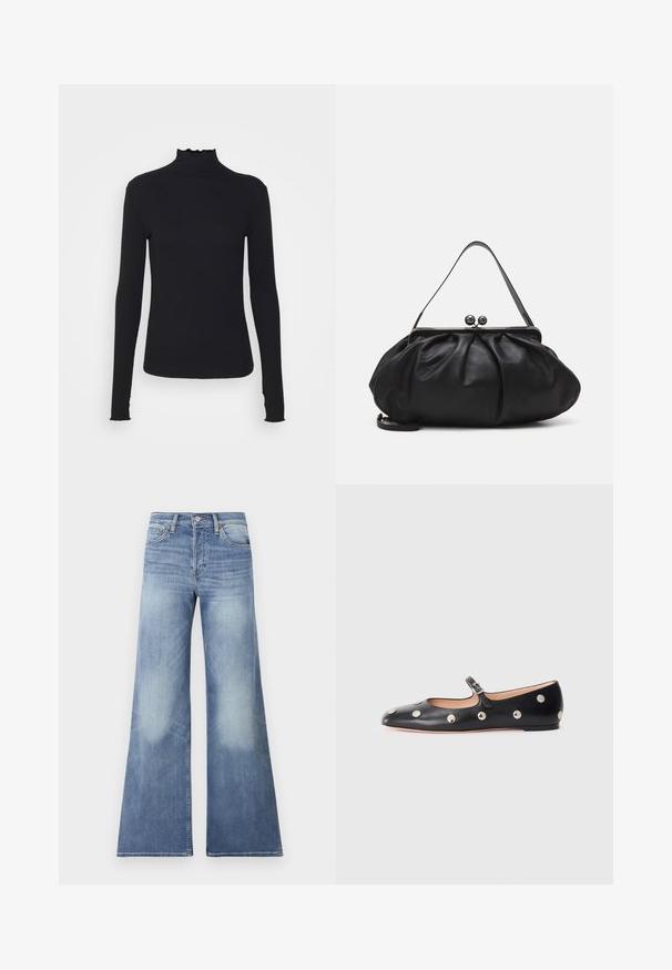 Sort langærmet turtleneck top lavet af glat stof, med en rynket krave og tætsiddende silhuet med enkle kanter.; Lys blå denim wide-leg jeans med høj talje, der har falmede detaljer og stikninger, designet til en afslappet pasform.; Sorte læder Mary Jane flad sko med en rund tå, udstyret med sølvfarvede runde nitter og en justerbar rem med spænde.; Sort læderpung med et rundt, plisseret design. Har en metalspænde med to dekorative kugler og et slankt, aftageligt rem.