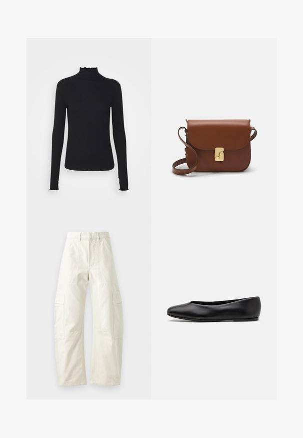 Crni dugi rukav turtleneck majica izrađena od glatkog materijala, s volanima oko vrata i uskim siluetom s jednostavnim rubovima.; Bež kratke hlače s ležernim krojem, koje imaju više zakrpa džepova, rajsferšlus i teksturiranu površinu. Izrađene su od izdržljivog pamučnog materijala.; Paul Smith TOPANGA - Balerinke - black; Smeđa kožna torba s preklopom, zlatnim detaljima, remenom za nošenje preko ramena i glatkom teksturom. Kompaktni pravokutni oblik.