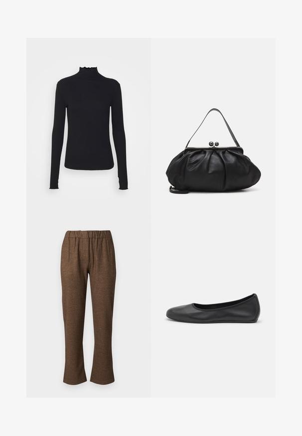 Črn dolg rokav turtleneck zgornji del iz gladkega materiala, ki se ponaša z nabranim ovratnikom in prilegajočim silhueto s preprostimi robovi.; Weekend Max Mara CORDOBA - Hlače - nocciola; Črne usnjene balerinke z zaobljenim nosom, gladko teksturo, minimalnimi šivi in fleksibilno zasnovo podplata.; Črna usnjena torbica za roke z zaobljeno, naborkano zasnovo. Opremljena je z metalnim zapiralom z dvema dekorativnima kroglicama in tankim, odstranljivim trakom.