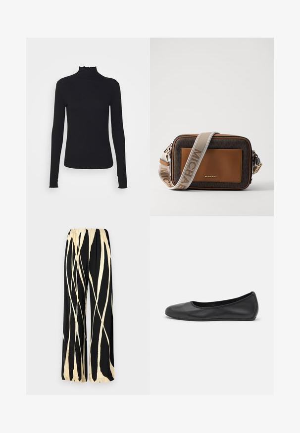 Fekete, hosszú ujjú, garbós felső sima anyagból, fodros gallérral és illeszkedő sziluettel, egyszerű élekkel.; Bőszárú nadrág, elasztikus derékkal, fekete háttérrel és krém színű absztrakt csíkos mintával. Sima szövettextúra.; Fekete bőr balettcipő lekerekített orral, sima tekstúrával, minimális varrással és rugalmas talp kialakítással.; Barna bőr és monogramos vászon keresztpántos táska arany logóval, kontrasztos világosbarna kiegészítővel és texturált szövet pánttal.