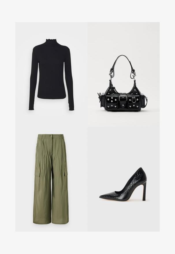 Schwarz, langärmliges Turtleneck-Oberteil aus glattem Material, mit einem gerafften Kragen und einer enganliegenden Silhouette mit einfachen Kanten.; Olivengrüne weite Cargo-Hosen mit Vorderfalten, Seitentaschen und Knopfverschluss. Glatte Textur, leichtes Material.; Schwarzer, spitz zulaufender High Heel mit Krokodilleder-Struktur, elegantem Design, hohem Stiletto-Absatz und glattem schwarzen Innenraum.; Schwarze Lederhandtasche mit einem geschwungenen Design, verziert mit silbernen Nieten, einer Schnalle und zwei seitlichen Taschen. Verstellbarer Träger für verschiedene Tragemöglichkeiten.