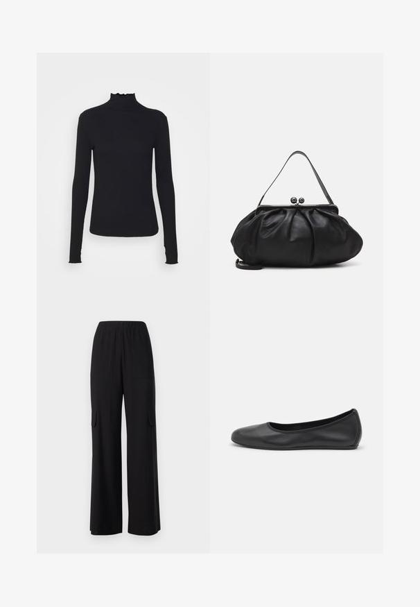 Black long-sleeve turtleneck top made of smooth fabric, featuring a ruffled neck and fitted silhouette with simple edges.; Black wide-leg trousers made of lightweight fabric, featuring an elastic waistband, two front pockets, and two cargo-style side pockets.; Black leather ballet flat with a rounded toe, smooth texture, minimal stitching detail, and a flexible sole design.; Black leather handbag with a rounded, pleated design. Features a metallic clasp with two decorative balls and a slim, detachable strap.