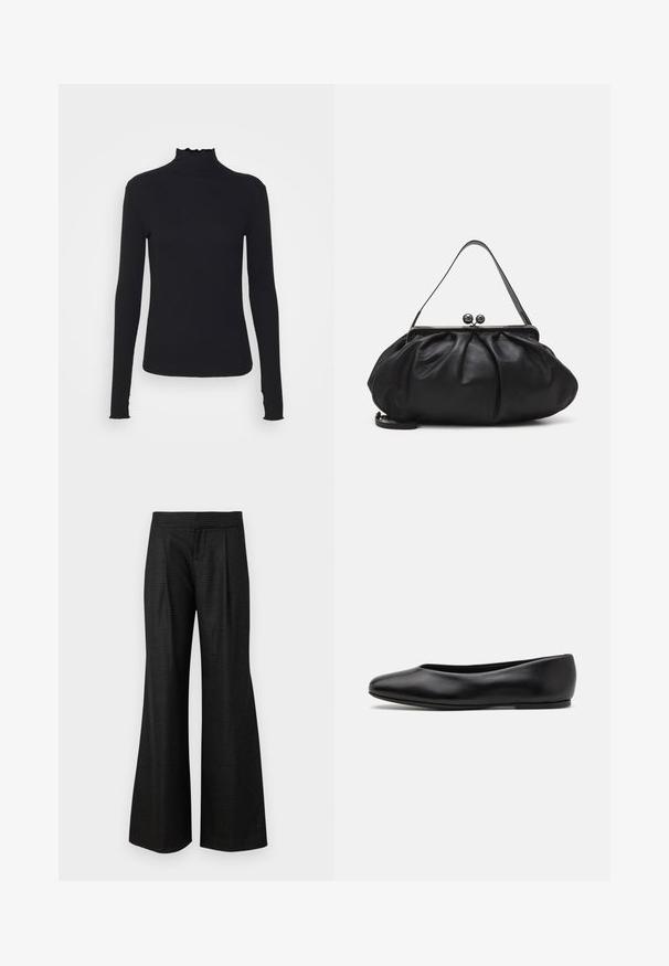 Schwarz, langärmliges Turtleneck-Oberteil aus glattem Material, mit einem gerafften Kragen und einer enganliegenden Silhouette mit einfachen Kanten.; Alice + Olivia Stoffhose - charcoal grey; Paul Smith TOPANGA - Klassischer Ballerina - black; Schwarze Lederhandtasche mit einer runden, gefalteten Form. Verfügt über einen metallischen Verschluss mit zwei dekorativen Kugeln und einem schmalen, abnehmbaren Tragegurt.