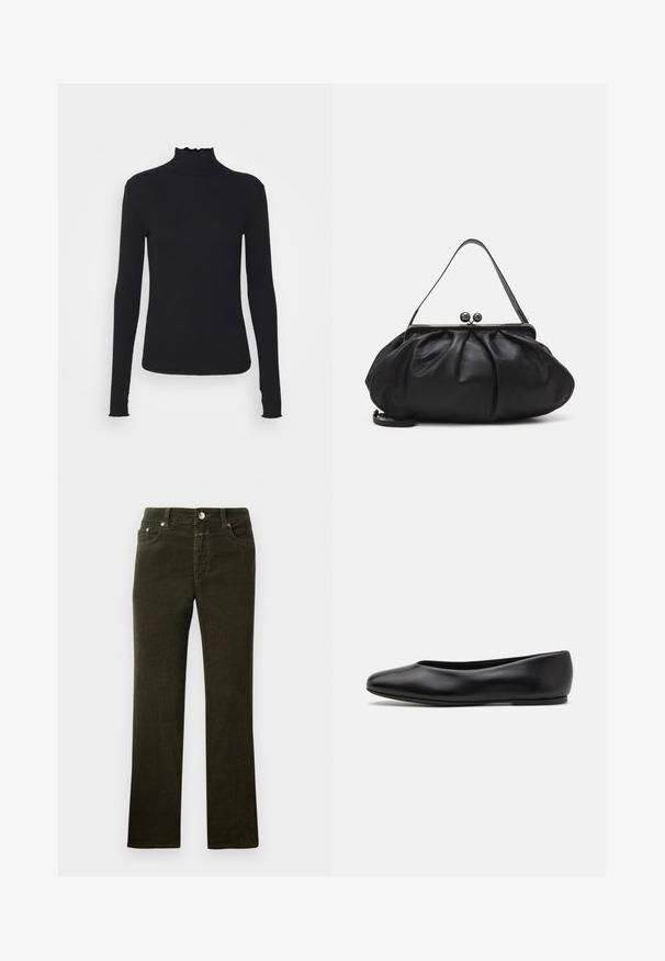 Haut à manches longues noir en col roulé, fabriqué en tissu lisse, présentant un col volanté et une silhouette ajustée avec des bords simples.; Pantalons en velours côtelé droit, de couleur vert olive sombre, avec un design à cinq poches, un bouton en métal et une fermeture éclair. Texture douce avec un motif côtelé visible.; Paul Smith TOPANGA - Ballerines - black; Sac à main en cuir noir avec un design arrondi et plissé. Il possède un fermoir métallique avec deux boules décoratives et une bandoulière fine et amovible.