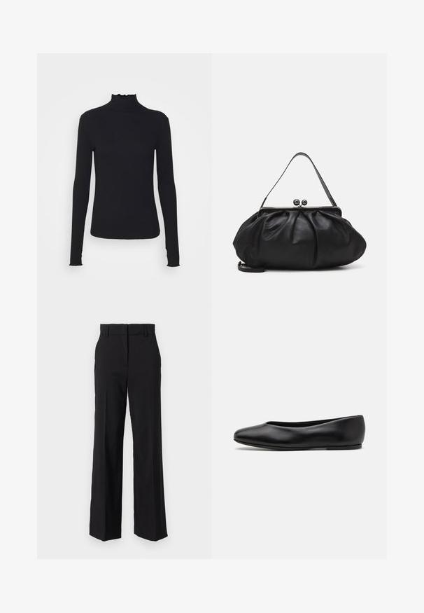 Zwarte langärmelige turtleneck top van soepel stof, met een gerimpelde hals en een aansluitende silhouet met eenvoudige randen.; Zwarte op maat gemaakte broek met een rechte, brede pijpontwerp, met een gladde textuur en een platte voorkant met riemlussen.; Paul Smith TOPANGA - Ballerina's - black; Zwarte leren handtas met een afgerond, geplooid ontwerp. Voorzien van een metalen sluiting met twee decoratieve bollen en een smalle, afneembare schouderband.