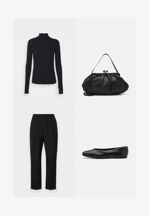 Haut à manches longues noir en col roulé, fabriqué en tissu lisse, présentant un col volanté et une silhouette ajustée avec des bords simples.; Pantalon noir avec une taille élastique, des jambes droites et des fermetures éclair aux chevilles. Le tissu a une texture lisse et un design minimal.; Paul Smith TOPANGA - Ballerines - black; Sac à main en cuir noir avec un design arrondi et plissé. Il possède un fermoir métallique avec deux boules décoratives et une bandoulière fine et amovible.