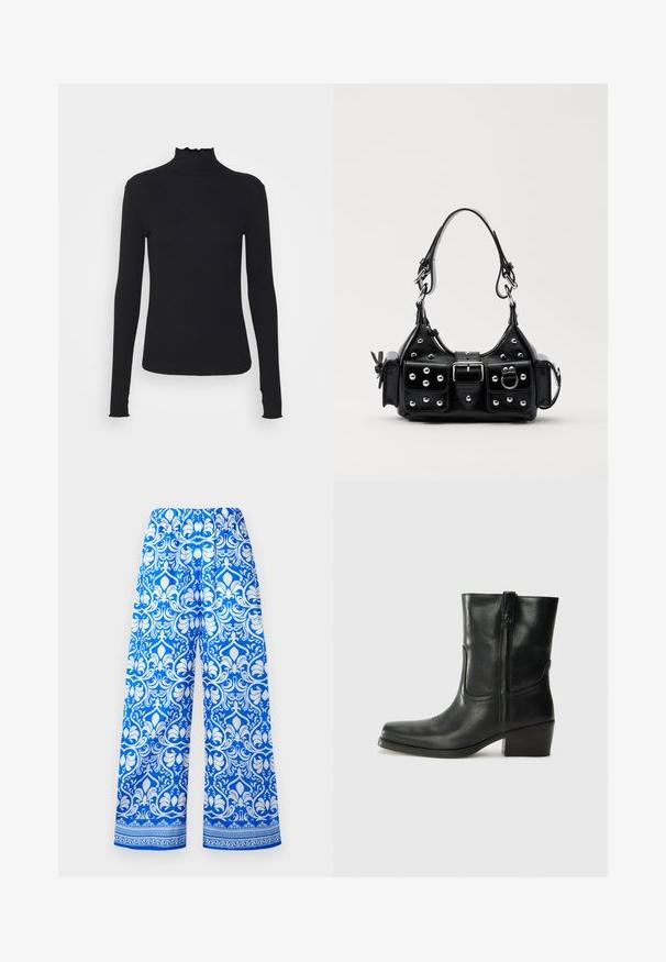 Musta pitkähihainen poolotoppi, joka on valmistettu sileästä kankaasta, jossa on röyhelökaulus ja tiukka siluetti yksinkertaisilla reunoilla.; Siniset ja valkoiset leveälahkeiset housut, joissa on elastinen vyötärö ja monimutkainen kukkakuvio kanttaavina reunoina helman lähellä.; Musta nahkasaapas nilkkamittaisella varrella, pyöreällä kärjellä, lohkarekorolla, sivuvetoketjulla ja ompeluaksentilla varren yläosassa. Suora pinta, klassinen muotoilu.; Musta nahkainen käsilaukku, jossa on kaareva muotoilu, hopeiset niitit, solki ja kaksi sivutaskua. Säädettävä olkahihna erilaisiin kantovaihtoehtoihin.