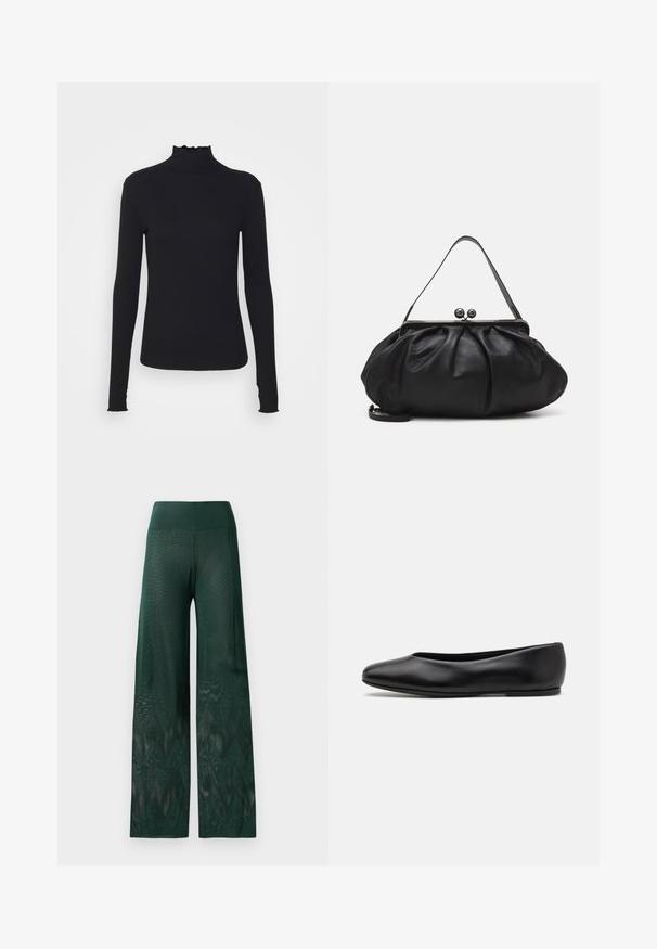 Top negro de manga larga con cuello alto, hecho de tejido suave, que presenta un cuello con volantes y una silueta ajustada con bordes simples.; Pantalones de pierna ancha verdes en malla ligera con un patrón de zigzag en el dobladillo. Cuenta con una cinturilla suave para mayor comodidad.; Paul Smith TOPANGA - Bailarinas - black; Bolso de mano de cuero negro con un diseño redondeado y plisado. Cuenta con un cierre metálico con dos bolas decorativas y una correa delgada y desmontable.