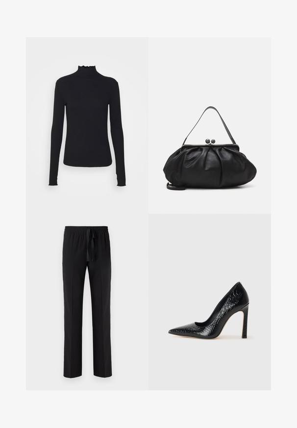Black long-sleeve turtleneck top made of smooth fabric, featuring a ruffled neck and fitted silhouette with simple edges.; Black trousers with an elastic waistband and adjustable drawstring, featuring a straight leg design and smooth texture. No patterns or accents.; Black pointed-toe high heel shoe with a crocodile-skin texture, featuring a sleek design, high stiletto heel, and smooth black interior.; Black leather handbag with a rounded, pleated design. Features a metallic clasp with two decorative balls and a slim, detachable strap.