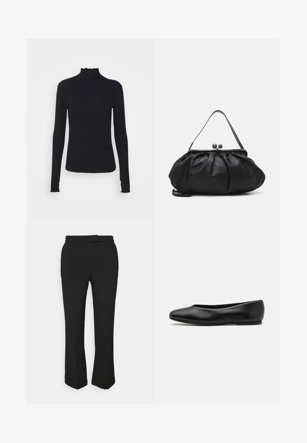 Crni dugi rukav turtleneck majica izrađena od glatkog materijala, s volanima oko vrata i uskim siluetom s jednostavnim rubovima.; Crne krojene hlače s ravnim krojem, s remenom na pojasu i bočnim džepovima. Izrađene su od glatkog materijala s urednim završetkom.; Paul Smith TOPANGA - Balerinke - black; Crna kožna torba s zaobljenim, naboranim dizajnom. Ima metalnu kopču s dva ukrasna gumba i tanki, odvojivi remen.