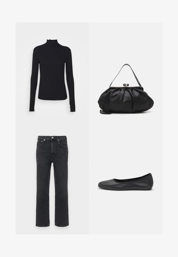 Črn dolg rokav turtleneck zgornji del iz gladkega materiala, ki se ponaša z nabranim ovratnikom in prilegajočim silhueto s preprostimi robovi.; Temno sive kavbojke iz jeansa z ravnim krojem hlačnic, sprednjimi žepi, zapiranjem na en gumb in vidnimi detajli šivov.; Črne usnjene balerinke z zaobljenim nosom, gladko teksturo, minimalnimi šivi in fleksibilno zasnovo podplata.; Črna usnjena torbica za roke z zaobljeno, naborkano zasnovo. Opremljena je z metalnim zapiralom z dvema dekorativnima kroglicama in tankim, odstranljivim trakom.