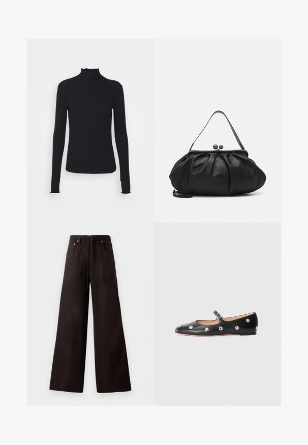 Schwarz, langärmliges Turtleneck-Oberteil aus glattem Material, mit einem gerafften Kragen und einer enganliegenden Silhouette mit einfachen Kanten.; Schwarze weite Hosen aus leichtem Material. Mit einem Zugband am Bund, Fronttaschen und dezenter Textur.; Schwarze Leder-Mary-Jane-Ballenflats mit runder Zehenform, ausgestattet mit silbernen runden Nieten und einem verstellbaren Riemen mit Schnalle.; Schwarze Lederhandtasche mit einer runden, gefalteten Form. Verfügt über einen metallischen Verschluss mit zwei dekorativen Kugeln und einem schmalen, abnehmbaren Tragegurt.