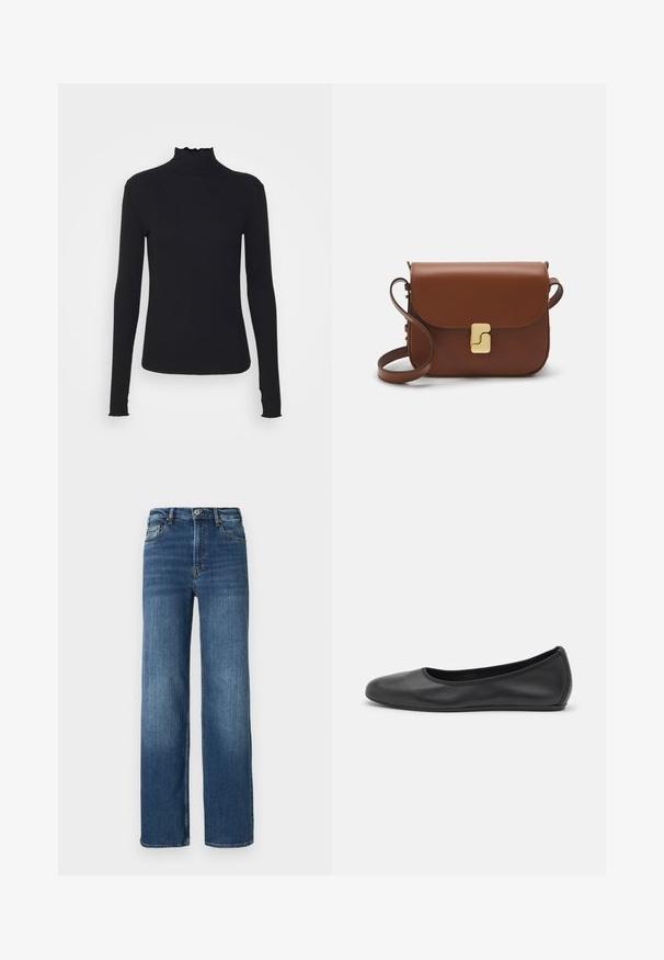 Μαύρο τοπ με μακριά μανίκια και λαιμόκοψη τύπου τσουνάμι, κατασκευασμένο από λείο ύφασμα, με λαιμό από βολάν και εφαρμοστή σιλουέτα με απλές ακμές.; Φαρδιές μπλε τζιν παντελόνες με ξεθωριασμένη εμφάνιση, σχεδίαση πέντε τσεπών, κλείσιμο με κουμπί και ορατές λεπτομέρειες ραφής.; Μαύρο δερμάτινο μπαλαρίνι με στρογγυλή μύτη, λεία υφή, ελάχιστες λεπτομέρειες ραφής και σχεδίαση ευέλικτης σόλας.; Καφέ δερμάτινη τσάντα χειρός με κλείσιμο καπάκι, χρυσές λεπτομέρειες, ιμάντα ώμου και λεία υφή. Συμπαγές ορθογώνιο σχήμα.
