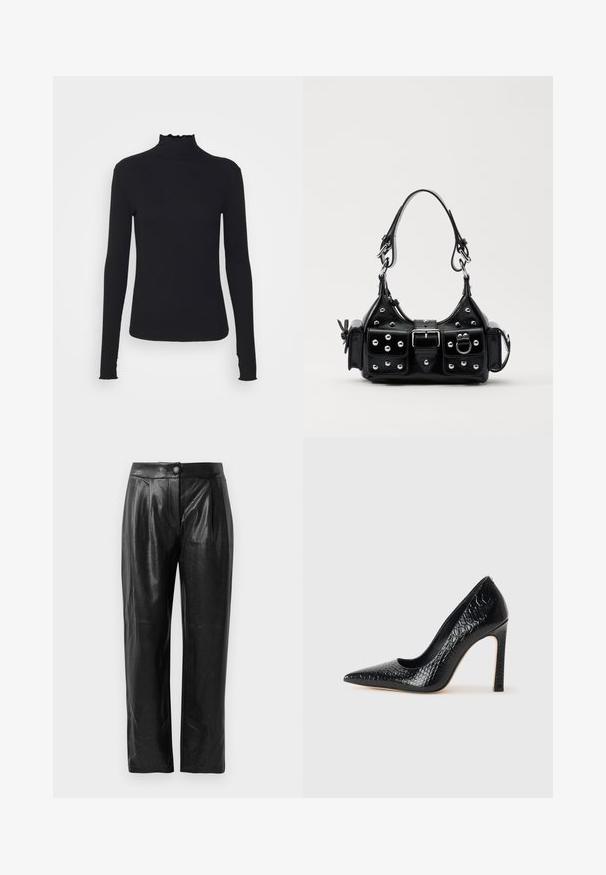 Melnas garām piedurknēm turtleneck blūze, izgatavota no gludas auduma, ar krokotu apkakli un pieguļošu siluetu, kas ir ar vienkāršām malām.; Melnas mākslīgās ādas bikses ar tekstūru, plaša piegriezuma kājas, priekšējiem krokām un vienu pogu jostasvietā.; Melni augstpapēžu apavi ar norādītu purngalu, ar krokodila ādas tekstūru, izceļoties ar elegantu dizainu, augstu stiletto papēdi un gludu melnu interjeru.; Melnas ādas rokturmais ar izliekumu, ar sudraba iedurtiem, sprādzi un divām sānu kabatām. Regulējams siksniņas garums dažādām nēsāšanas iespējām.