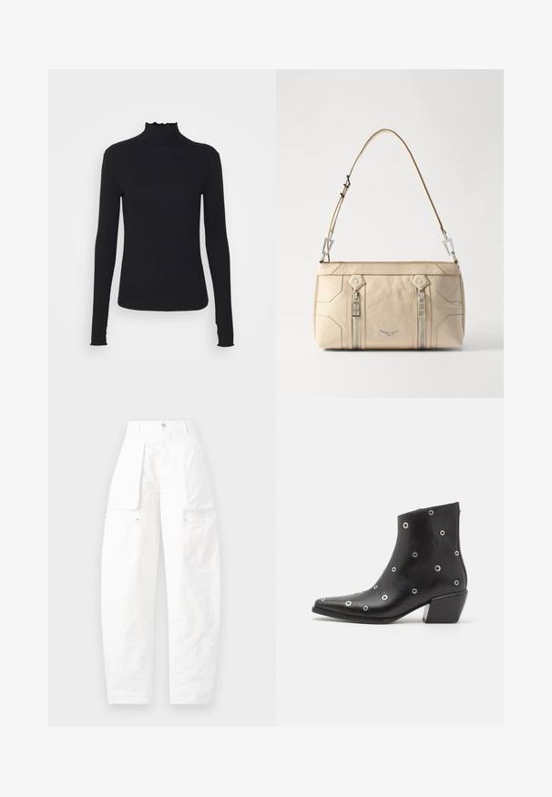 Crni dugi rukav turtleneck majica izrađena od glatkog materijala, s volanima oko vrata i uskim siluetom s jednostavnim rubovima.; Bijele cargo hlače s opuštenim krojem, višestrukim bočnim džepovima i teksturiranom tkaninom, visokim strukom i zatvaranjem na dugme.; Crne kožne gležnjače sa srebrnim detaljima u obliku rupica, šiljastim vrhom i blok petom. Elegantan dizajn s glatkom teksturom.; Bež ženska torba od kože sa srebrnim detaljima, dva bočna zipa, strukturirani dizajn i uklonjiva traka za svestranost.