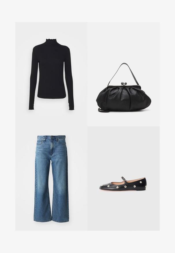 Maglione nero a maniche lunghe con colletto a dolcevita realizzato in tessuto morbido, caratterizzato da un collo arricciato e una silhouette aderente con bordi semplici.; Jeans in denim blu con gamba ampia, vita medio-alta, cinque tasche e un leggero scolorimento. Caratteristiche includono passanti per cintura e dettagli cuciti.; Scarpa flat nera in pelle tipo Mary Jane con punta arrotondata, caratterizzata da borchie circolari argentate e una fascia regolabile con fibbia.; Borsa a mano in pelle nera con un design arrotondato e plissettato. Presenta una chiusura metallica con due palline decorative e una tracolla sottile e removibile.