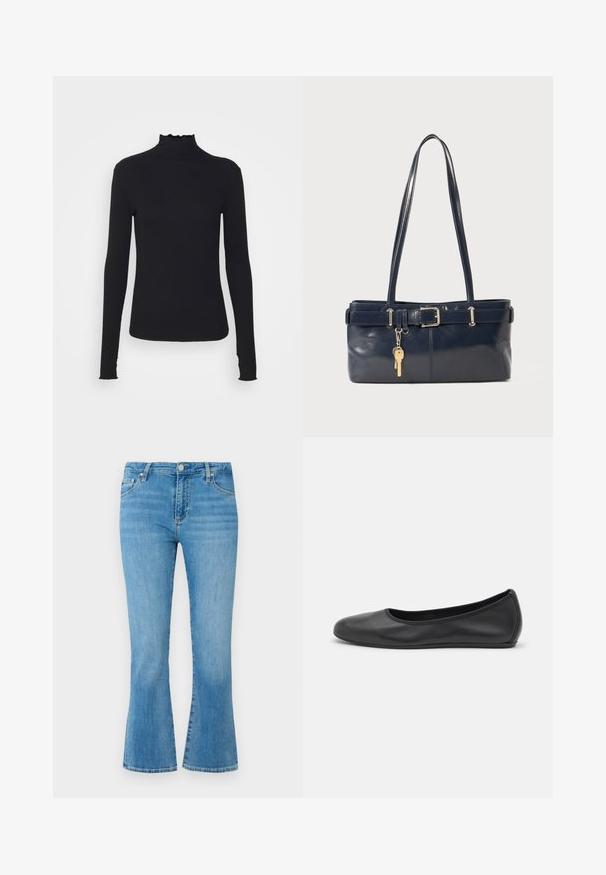 Černý dlouhý rukáv rolák vyrobený z hladkého materiálu, s volánkovým límcem a přiléhavým střihem s jednoduchými okraji.; Světlé modré kožené zvonové džíny s vysokým pasem, předními kapsami a vybledlým umyvadlem. Disponují kovovým zapínáním na knoflík a kontrastním prošíváním.; Černé kožené baletní byty s kulatou špičkou, hladkou texturou, minimálními švy a flexibilním designem podrážky.; Námořnická kožená kabelka s dvěma dlouhými uchy, detaily s přezkou a připevněným klíčenkou. Vyznačuje se hladkým povrchem a obdélníkovým tvarem.