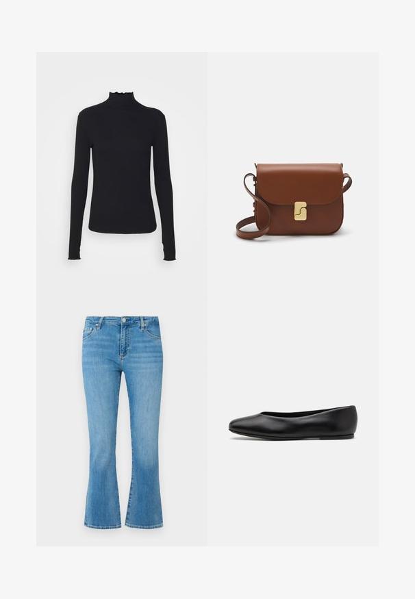 Černý dlouhý rukáv rolák vyrobený z hladkého materiálu, s volánkovým límcem a přiléhavým střihem s jednoduchými okraji.; Světlé modré kožené zvonové džíny s vysokým pasem, předními kapsami a vybledlým umyvadlem. Disponují kovovým zapínáním na knoflík a kontrastním prošíváním.; Paul Smith TOPANGA - Klasické baleríny - black; Hnědá kožená kabelka s klopou, zlatými kovovými detaily, ramenním popruhem a hladkým povrchem. Kompaktní obdélníkový tvar.