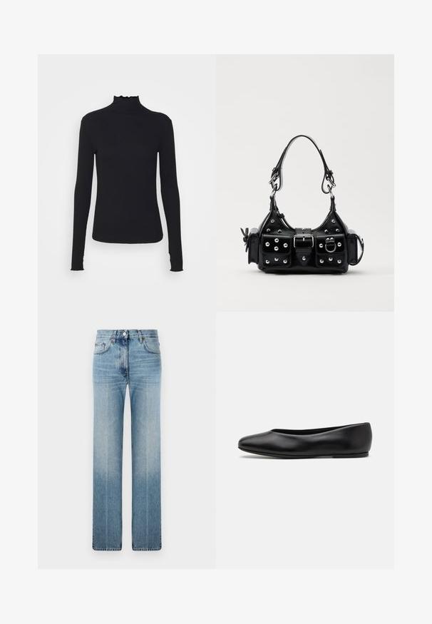 Crni dugi rukav turtleneck majica izrađena od glatkog materijala, s volanima oko vrata i uskim siluetom s jednostavnim rubovima.; Svijetloplave traperice ravnog kroja, s blagim izbljeđivanjem, klasičnim dizajnom s pet džepova i metalnim kopčanjem u struku.; Paul Smith TOPANGA - Balerinke - black; Crna kožna torba s zakrivljenim dizajnom, koja sadrži srebrne zakovice, kopču i dva bočna džepa. Podesiva traka za različite opcije nošenja.