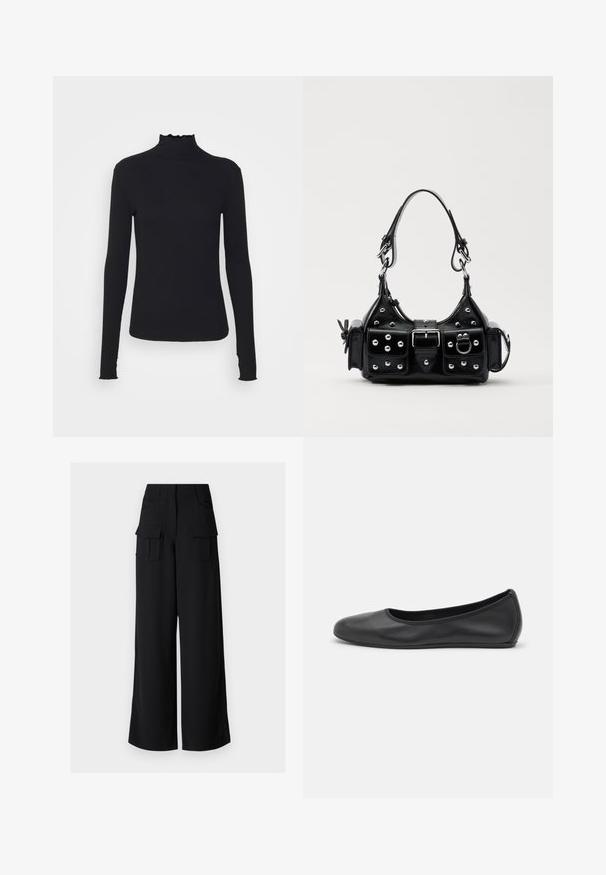 Melnas garām piedurknēm turtleneck blūze, izgatavota no gludas auduma, ar krokotu apkakli un pieguļošu siluetu, kas ir ar vienkāršām malām.; Melnas platās kājstarpes bikses ar gludu tekstūru, kurām ir divi priekšējie kabatas un divi lieli ievietojamie kabatas sānos.; Melna ādas baleta kurpe ar noapaļotu purngalu, gludu tekstūru, minimālu šuvju detalizāciju un elastīgu zoles dizainu.; Melnas ādas rokturmais ar izliekumu, ar sudraba iedurtiem, sprādzi un divām sānu kabatām. Regulējams siksniņas garums dažādām nēsāšanas iespējām.