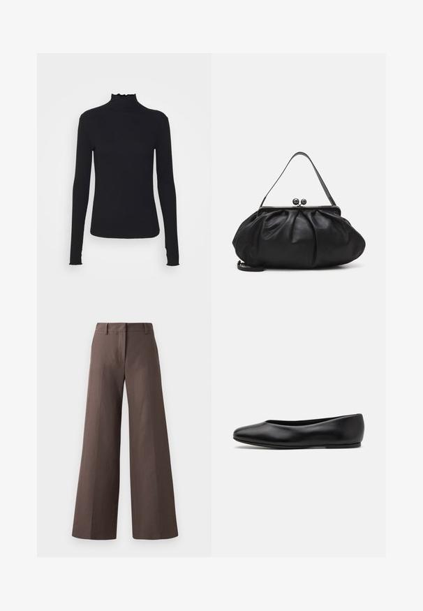 Haut à manches longues noir en col roulé, fabriqué en tissu lisse, présentant un col volanté et une silhouette ajustée avec des bords simples.; Pantalons amples marron en tissu lisse ; dotés d'un devant plat, de passants de ceinture et de coutures verticales le long des jambes.; Paul Smith TOPANGA - Ballerines - black; Sac à main en cuir noir avec un design arrondi et plissé. Il possède un fermoir métallique avec deux boules décoratives et une bandoulière fine et amovible.