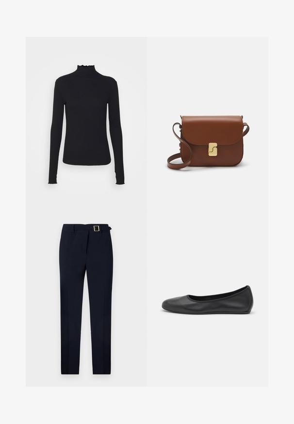 Fekete, hosszú ujjú, garbós felső sima anyagból, fodros gallérral és illeszkedő sziluettel, egyszerű élekkel.; Sötétkék nadrág sima szövetből, egyenes szabással, övgyűrűkkel és arany négyzetes csat díszítéssel.; Fekete bőr balettcipő lekerekített orral, sima tekstúrával, minimális varrással és rugalmas talp kialakítással.; Barna bőr kézitáska, hajtókás zárással, arany színű fém kiegészítőkkel, vállpánttal és sima felülettel. Kompakt téglalap alakú.