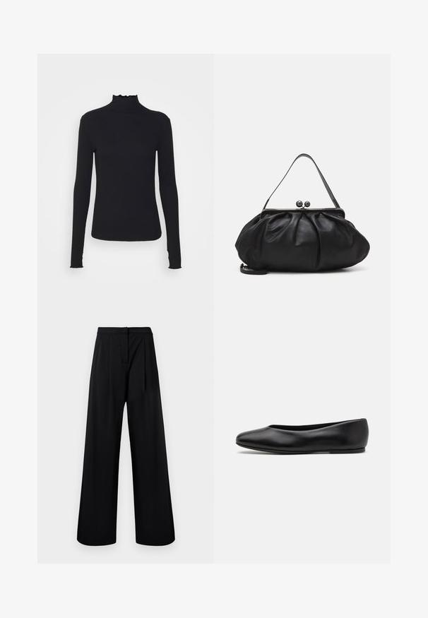Črn dolg rokav turtleneck zgornji del iz gladkega materiala, ki se ponaša z nabranim ovratnikom in prilegajočim silhueto s preprostimi robovi.; Črne široke hlače iz gladkega materiala, ki imajo visok pas in gubano detajliranje. Brez vidnih okrasnih elementov ali vzorcev.; Paul Smith TOPANGA - Balerinke - black; Črna usnjena torbica za roke z zaobljeno, naborkano zasnovo. Opremljena je z metalnim zapiralom z dvema dekorativnima kroglicama in tankim, odstranljivim trakom.