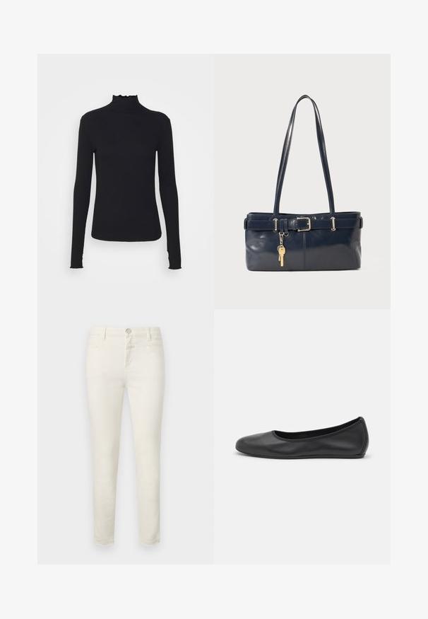 Black long-sleeve turtleneck top made of smooth fabric, featuring a ruffled neck and fitted silhouette with simple edges.; Light beige jeans with a slim fit, made of cotton blend fabric, featuring five-pocket design and a zip fly with a metal button closure.; Black leather ballet flat with a rounded toe, smooth texture, minimal stitching detail, and a flexible sole design.; Navy leather handbag with two long handles, a buckle detail, and a keychain attached. Features a smooth texture and a rectangular shape.