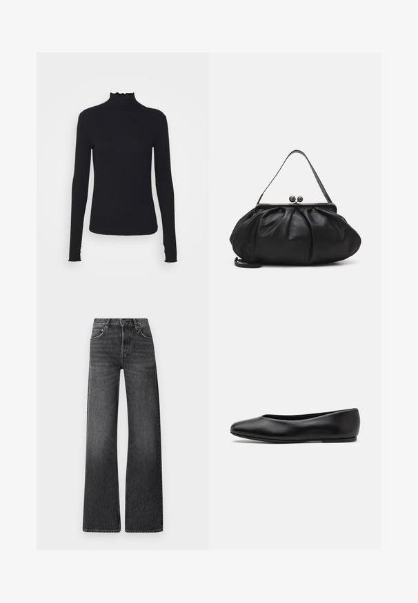 Crni dugi rukav turtleneck majica izrađena od glatkog materijala, s volanima oko vrata i uskim siluetom s jednostavnim rubovima.; Crne traperice s visokim strukom i širokim nogavicama. Imaju pet džepova te suptilan izblijedjeli uzorak sa kontrastnim šavovima.; Paul Smith TOPANGA - Balerinke - black; Crna kožna torba s zaobljenim, naboranim dizajnom. Ima metalnu kopču s dva ukrasna gumba i tanki, odvojivi remen.