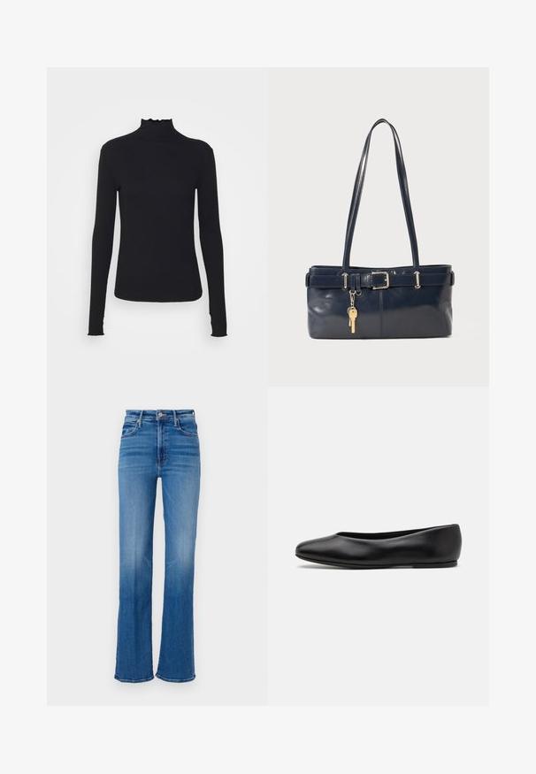 Crni dugi rukav turtleneck majica izrađena od glatkog materijala, s volanima oko vrata i uskim siluetom s jednostavnim rubovima.; Plave traperice s flared krojem i visokim strukom, s kopčanjem na gumb, dizajnom s pet džepova i gradijentom od svijetljive do tamnije boje.; Paul Smith TOPANGA - Balerinke - black; Morska kožna torbica s dva duga ramena, detaljem kopče i privjeskom za ključeve. Ima glatku teksturu i pravokutni oblik.