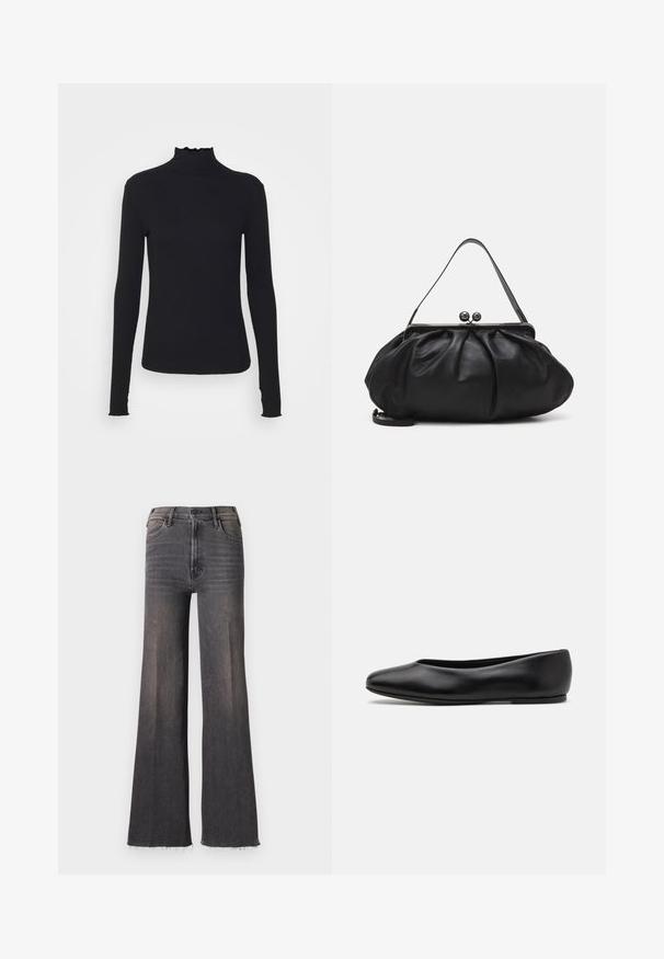 Crni dugi rukav turtleneck majica izrađena od glatkog materijala, s volanima oko vrata i uskim siluetom s jednostavnim rubovima.; Visoke crne traperice širokih nogavica s istrošenim rubovima, dugmetom za zatvaranje i prednjim džepovima.; Paul Smith TOPANGA - Balerinke - black; Crna kožna torba s zaobljenim, naboranim dizajnom. Ima metalnu kopču s dva ukrasna gumba i tanki, odvojivi remen.