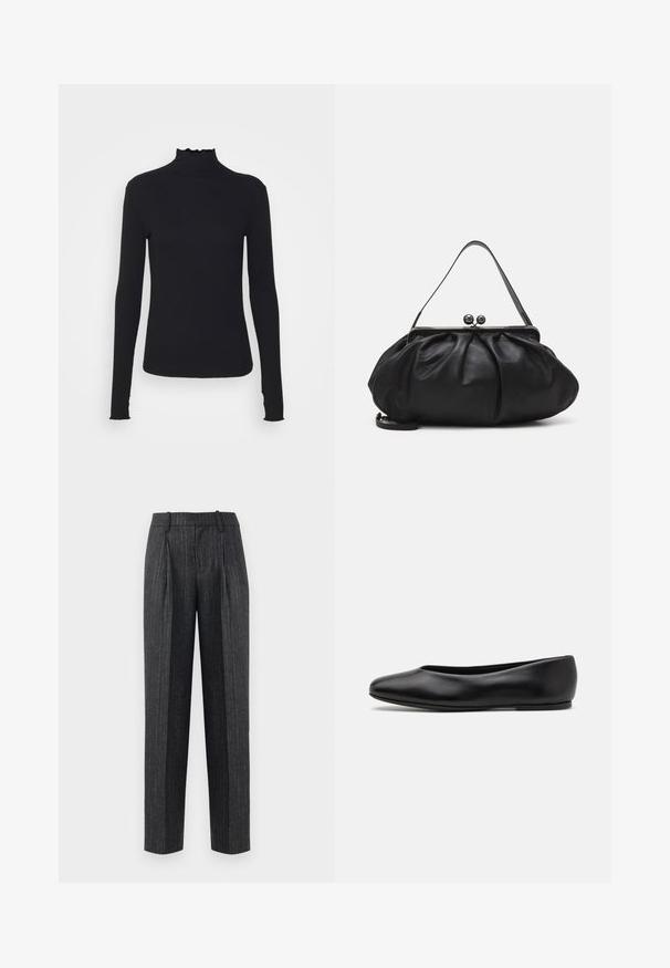 Zwarte langärmelige turtleneck top van soepel stof, met een gerimpelde hals en een aansluitende silhouet met eenvoudige randen.; Op maat gemaakte broeken van donkergrijze stof met lichte streepjes, voorzien van een rechte snit, plooien aan de voorkant en een soepele textuur.; Paul Smith TOPANGA - Ballerina's - black; Zwarte leren handtas met een afgerond, geplooid ontwerp. Voorzien van een metalen sluiting met twee decoratieve bollen en een smalle, afneembare schouderband.