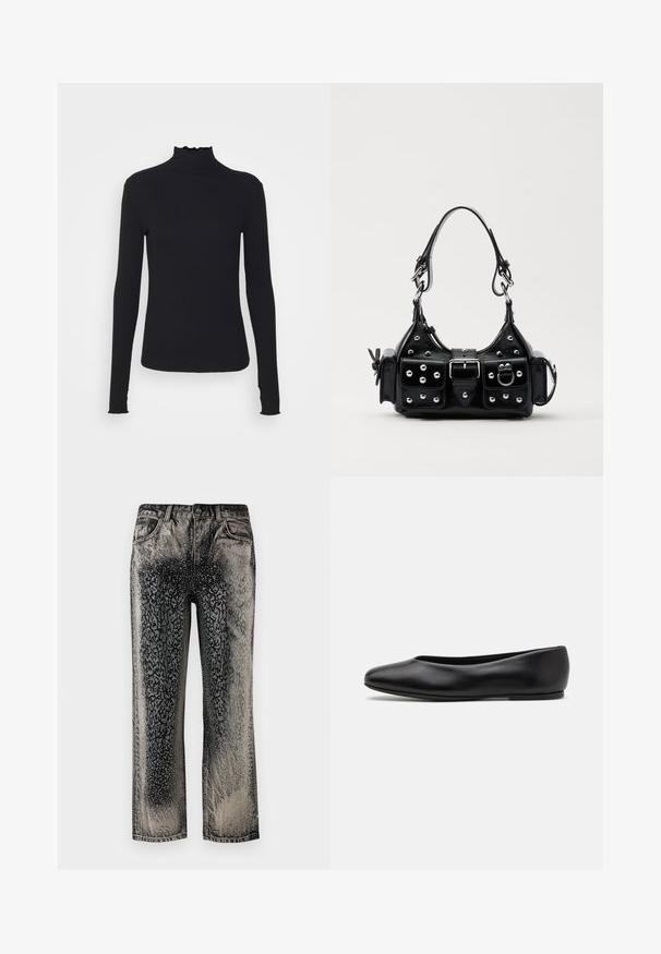 Top preto de manga longa com gola alta, feito de um tecido suave, apresentando uma gola fruncida e uma silhueta ajustada com bordas simples.; Jeans de ganga pretos e cinzentos com um padrão de desvanecimento em gradiente salpicado e um design geométrico subtil na frente e nas laterais.; Paul Smith TOPANGA - Sabrinas - black; Bolsa de couro preta com um design curvado, apresentando tachas prateadas, uma fivela e dois bolsos laterais. Alça ajustável para opções de transporte.