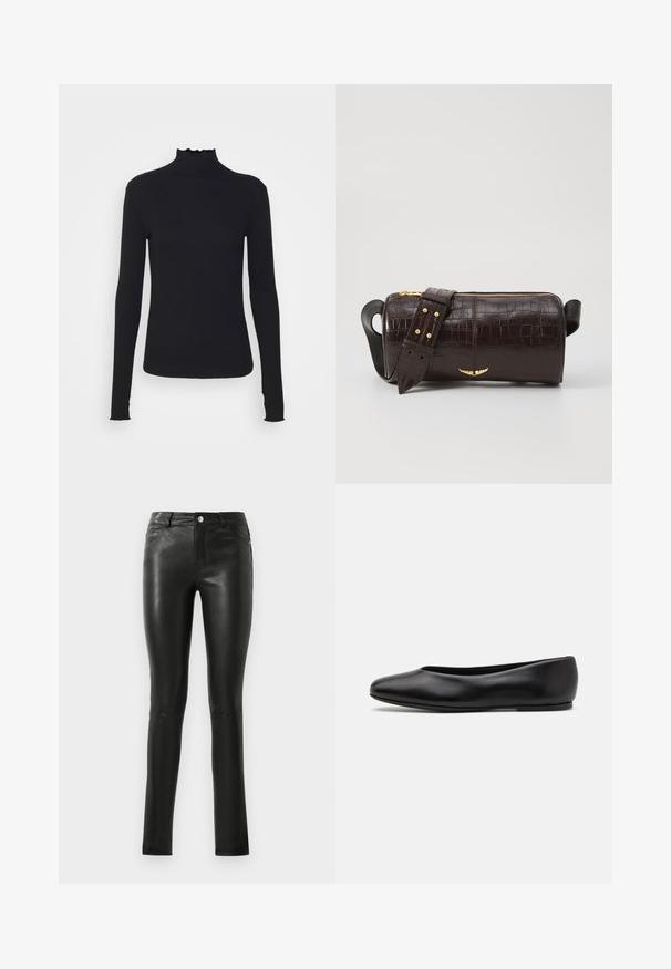 Black long-sleeve turtleneck top made of smooth fabric, featuring a ruffled neck and fitted silhouette with simple edges.; Black leather pants with a fitted design, smooth texture, mid-rise waist, and subtle stitching details. Features front pockets and metal button.; Paul Smith TOPANGA - Ballet pumps - black; Brown crocodile-embossed leather bag with a cylindrical shape, gold-tone hardware, and a detachable strap featuring studs.