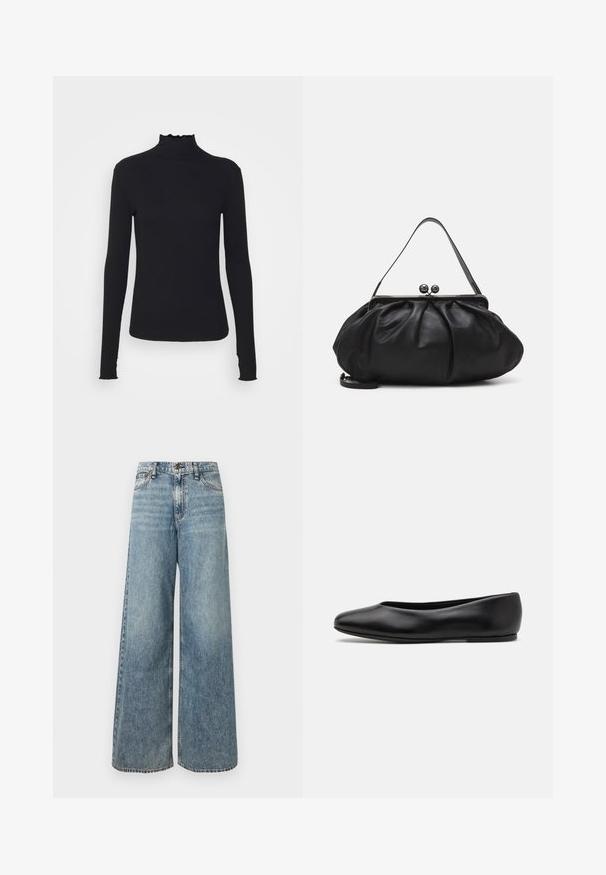 Zwarte langärmelige turtleneck top van soepel stof, met een gerimpelde hals en een aansluitende silhouet met eenvoudige randen.; Lichtblauwe wijde jeans van denim, met een hoge taille, vervaagde textuur, vijfzakkenontwerp en contrasterende stiksels.; Paul Smith TOPANGA - Ballerina's - black; Zwarte leren handtas met een afgerond, geplooid ontwerp. Voorzien van een metalen sluiting met twee decoratieve bollen en een smalle, afneembare schouderband.
