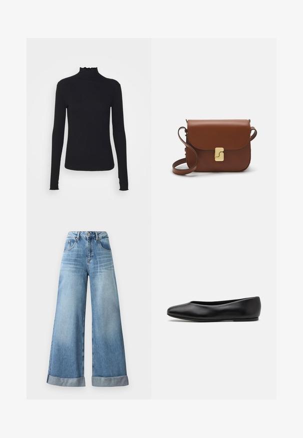 Juodas ilgomis rankovėmis turtleneko tipo viršus, pagamintas iš lygaus audinio, su raukšlėtu kaklu ir prigludusia siluetu, turinčiu paprastus kraštus.; Šviesiai mėlynos plačios džinsinės kelnės su aukštu juosmeniu, su mygtuko uždarymu, penkiomis kišenėmis ir sulankstytais kraštais.; Paul Smith TOPANGA - Balerinos stiliaus laivutės - black; Ruda odinė rankinė su uždaromu dangteliu, aukso spalvos detalėmis, petneša ir lygiu paviršiumi. Kompaktiška stačiakampio formos.
