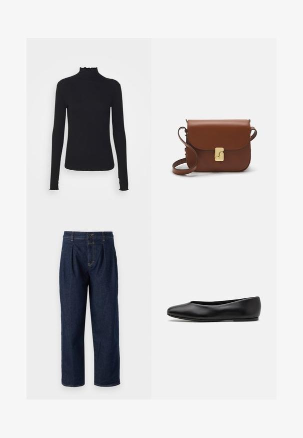 Černý dlouhý rukáv rolák vyrobený z hladkého materiálu, s volánkovým límcem a přiléhavým střihem s jednoduchými okraji.; Tmavě modré džíny s vysokým pasem, s předními sklady a rovnými nohavicemi. Kontrastní prošívání a jedno knoflíkové zapínání.; Paul Smith TOPANGA - Klasické baleríny - black; Hnědá kožená kabelka s klopou, zlatými kovovými detaily, ramenním popruhem a hladkým povrchem. Kompaktní obdélníkový tvar.