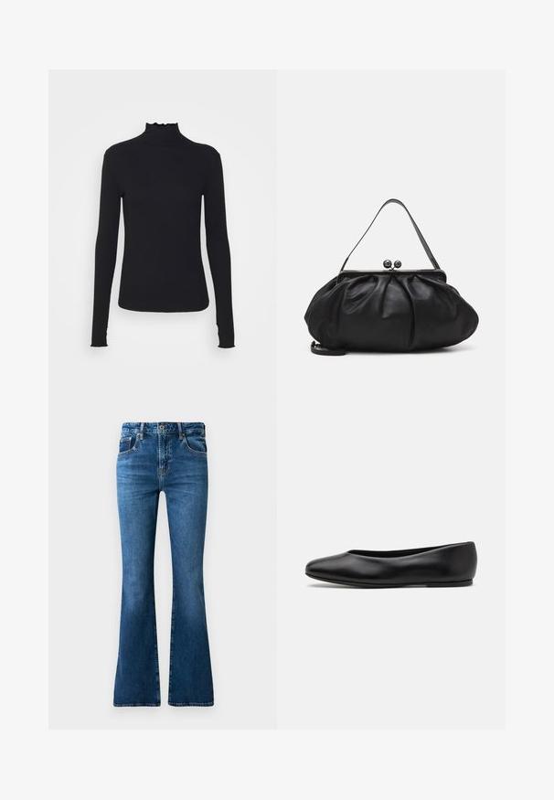 Top negro de manga larga con cuello alto, hecho de tejido suave, que presenta un cuello con volantes y una silueta ajustada con bordes simples.; Jeans acampanados de denim azul con una cintura de media altura, cinco bolsillos, un desvanecimiento sutil y detalles de costura a lo largo de las costuras.; Paul Smith TOPANGA - Bailarinas - black; Bolso de mano de cuero negro con un diseño redondeado y plisado. Cuenta con un cierre metálico con dos bolas decorativas y una correa delgada y desmontable.